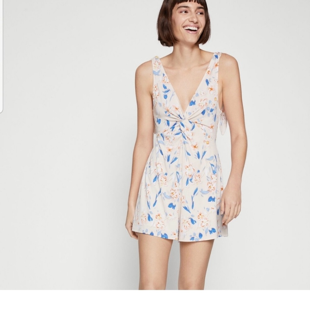 BCBGeneration White and Blue Floral Jumpsuit
